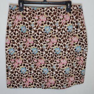 Nicole Miller Skirt 14 Mini Leopard Print Floral Pink Brown Blue Cotton